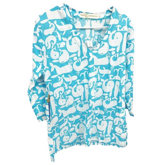 Tracy Negoshian Kaitlin Whale Print Tunic Beach Cover Up 1 Zip Pocket Sz S NWOT - Picture 3 of 9